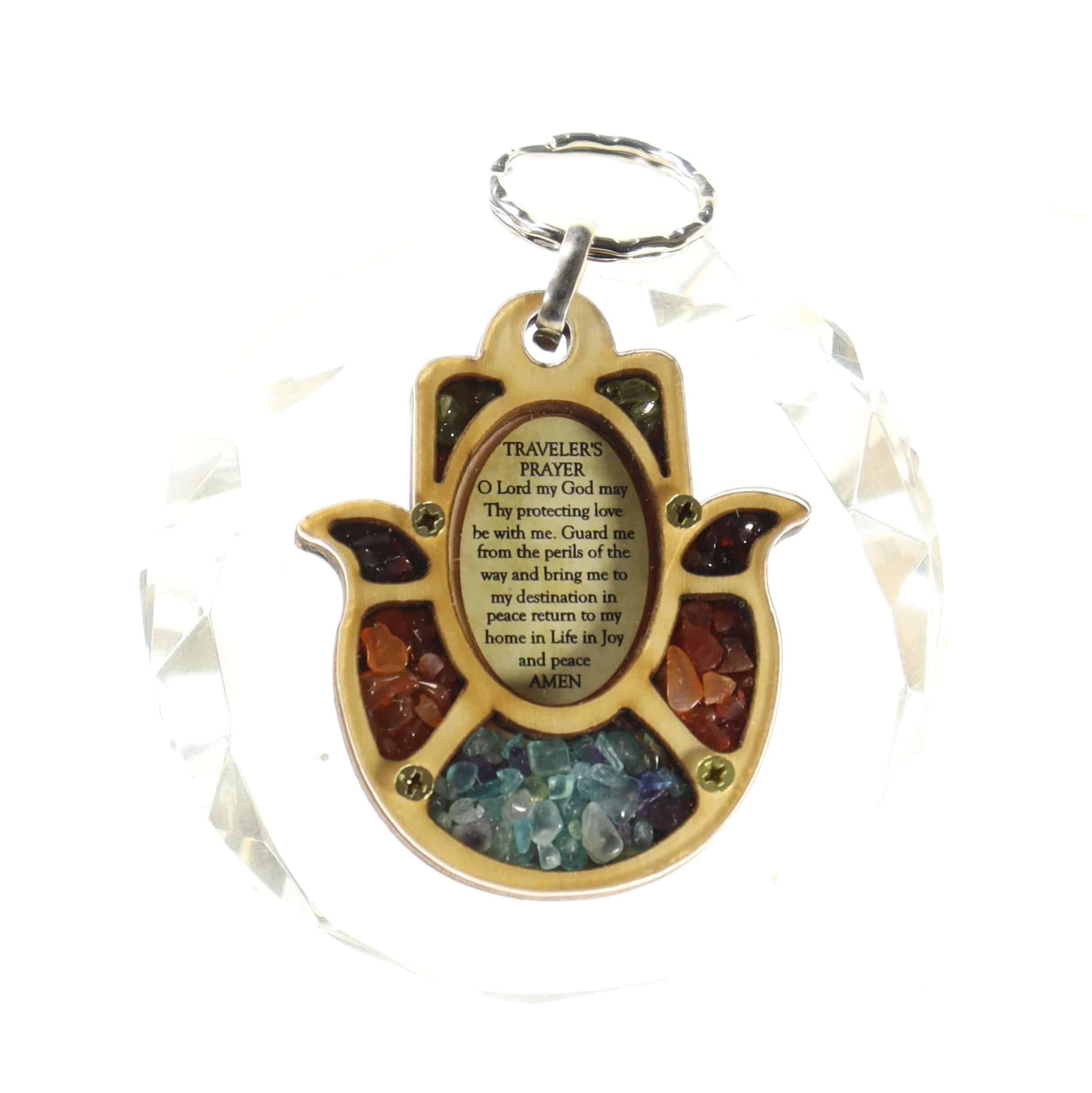 Key chain travelers prayer hamsa shape with semi-precious stones