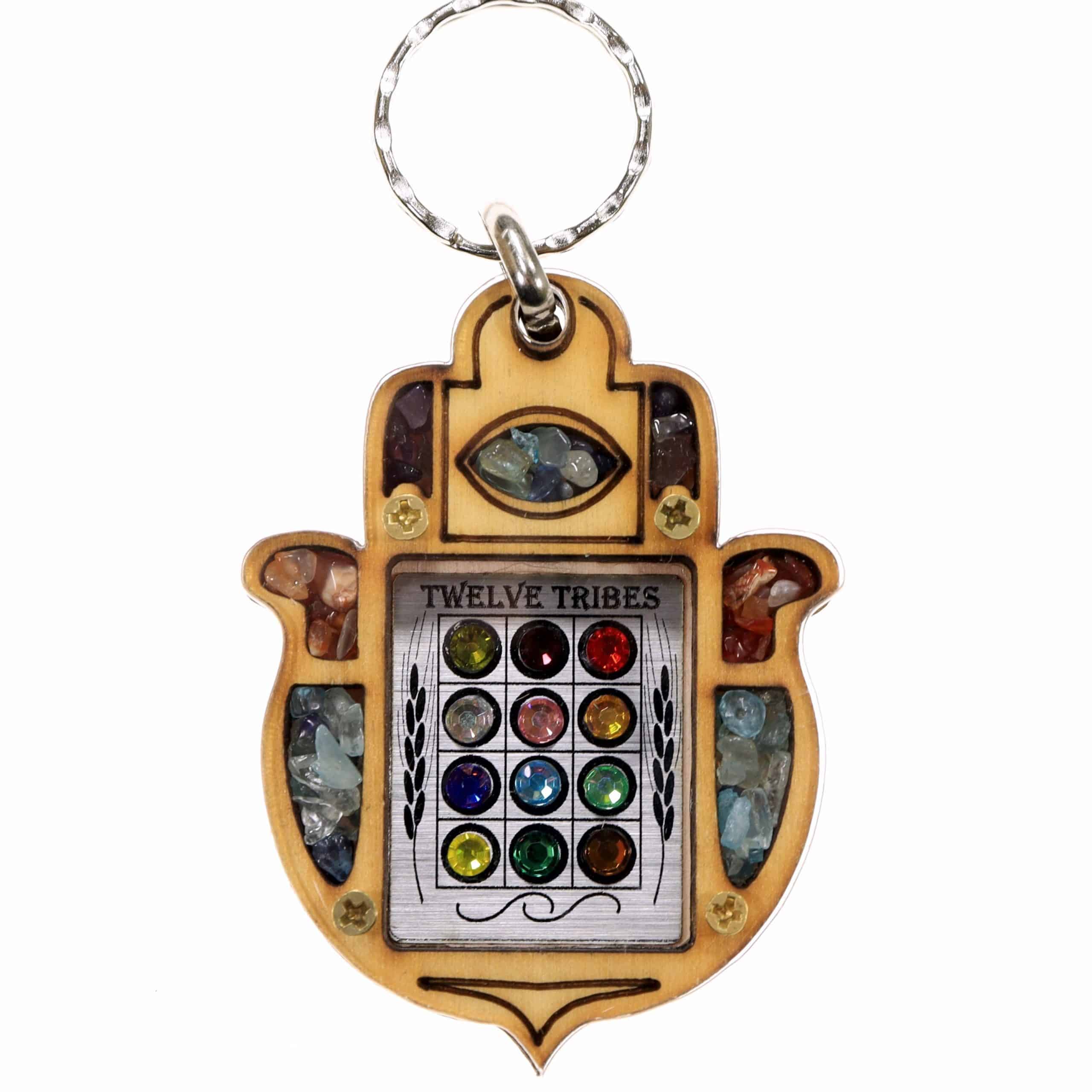 Hamsa-shaped keychain, plate of twelve breastplate stones
