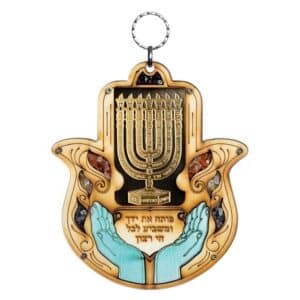 Handmade Hamsa with a blessing for livelihood featured by temple menorah